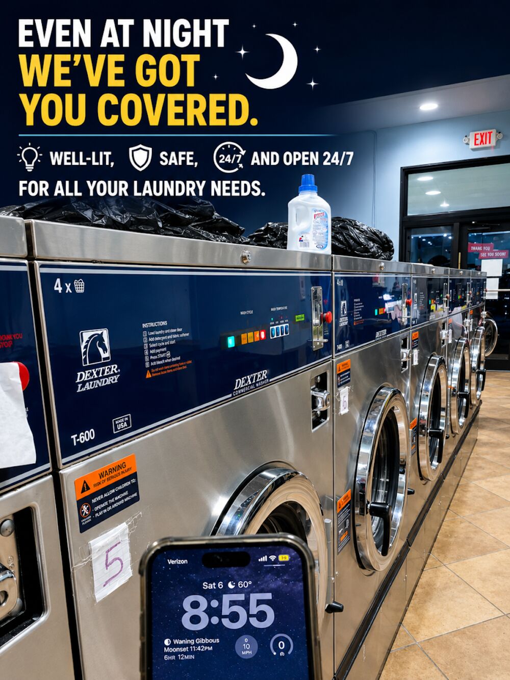 Well-lit dryers open around the clock